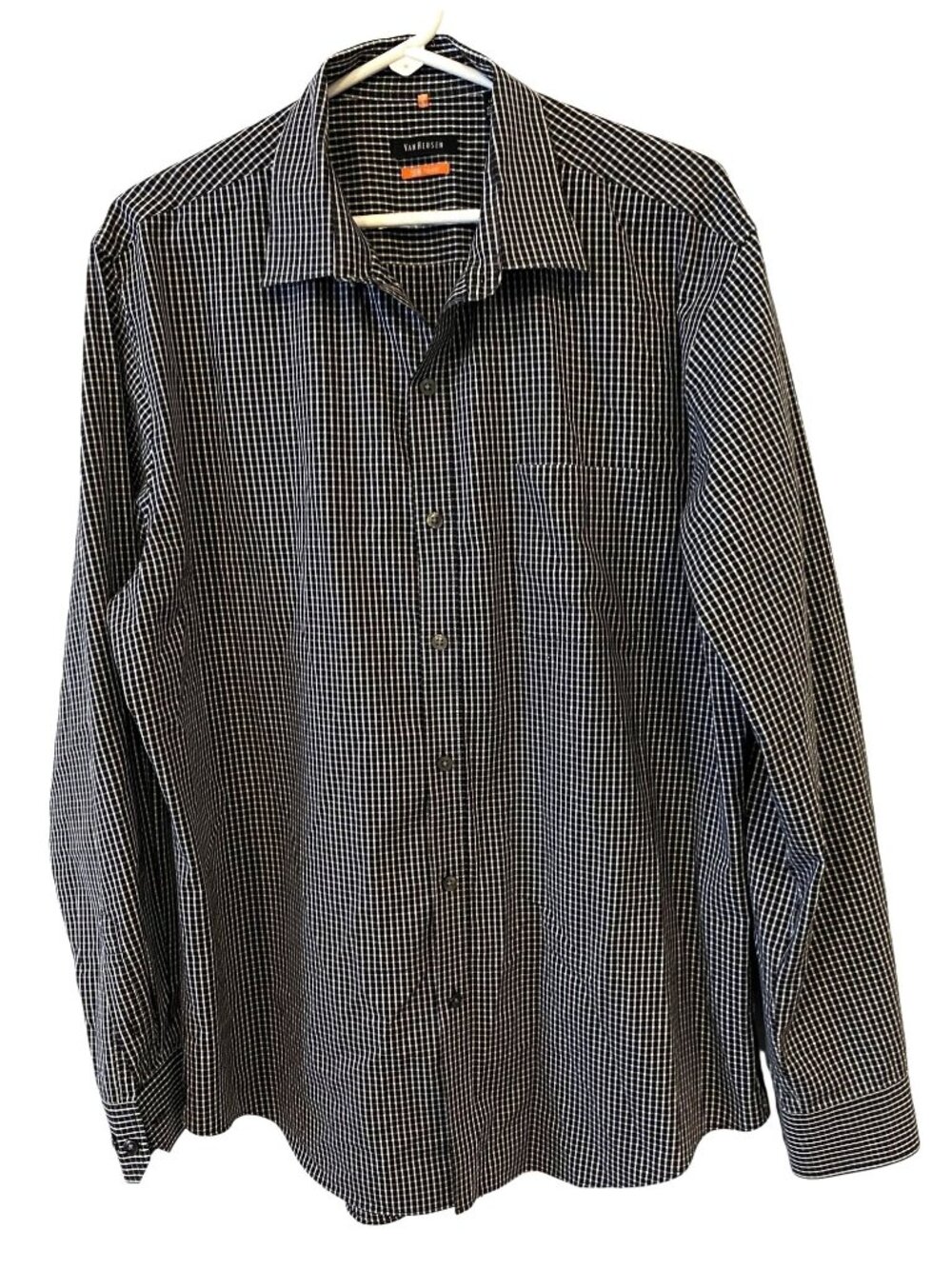 Van Heusen Traveler Mens L 16 16.5 Black White Micro Check Button Down Shirt